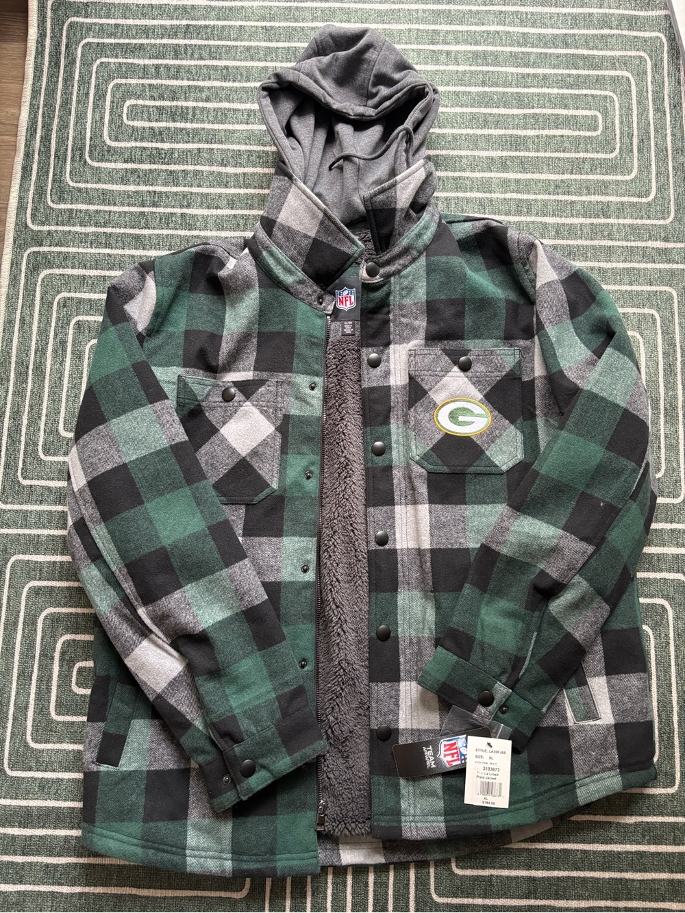 NFL Packers Green/Black/Gray Plaid Hooded Fleece lined Flannel